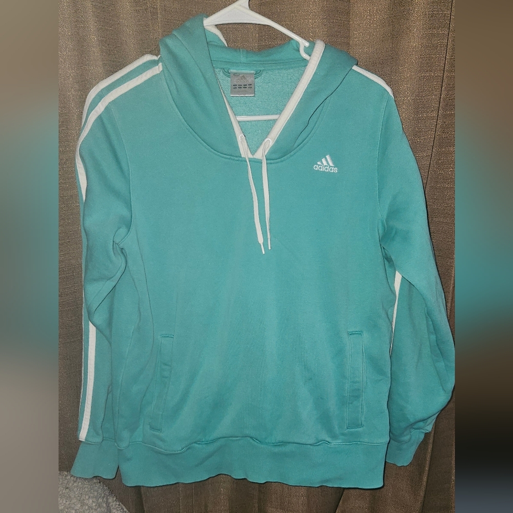 ADIDAS Hoodie Green 3 Stripes Hooded Pullover Sweatshirt Women's sz M - Picture 1 of 10